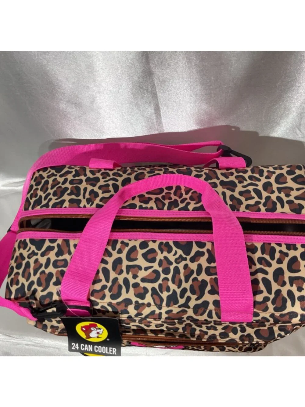 Buc-ees Leopard Print 24-Can Cooler Bag With Pink Handles Insulated Design Zippe - Picture 5 of 9